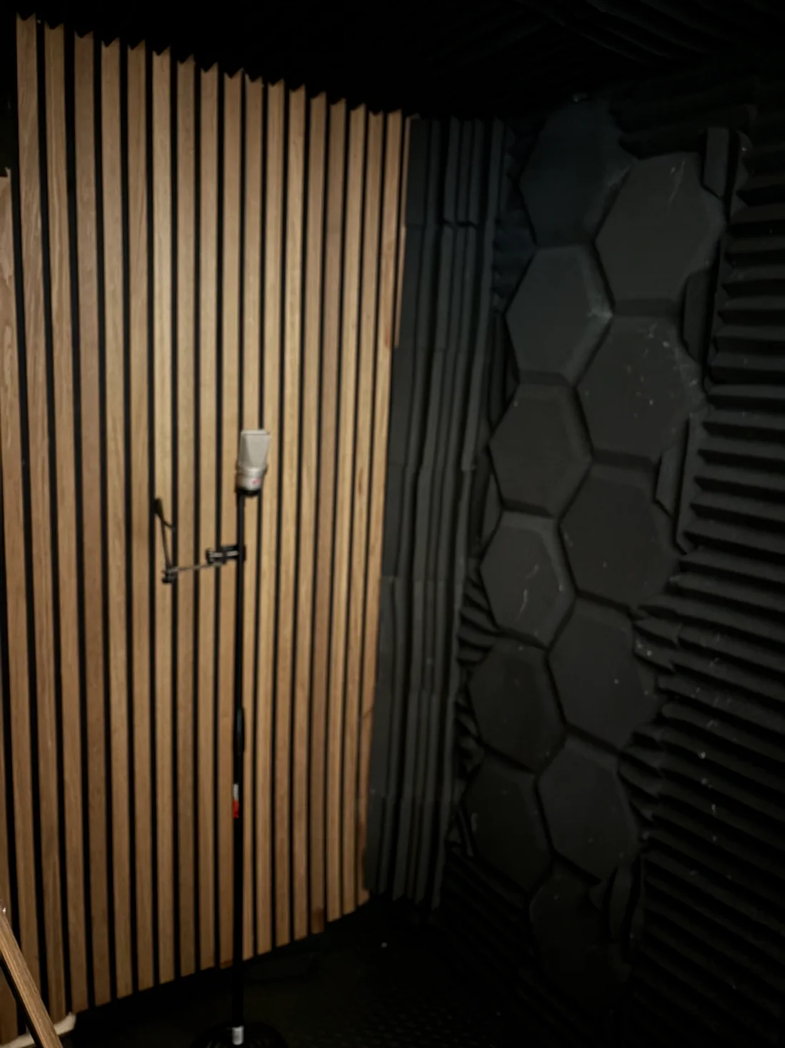 Acoustically treated recording studio with wood slat walls